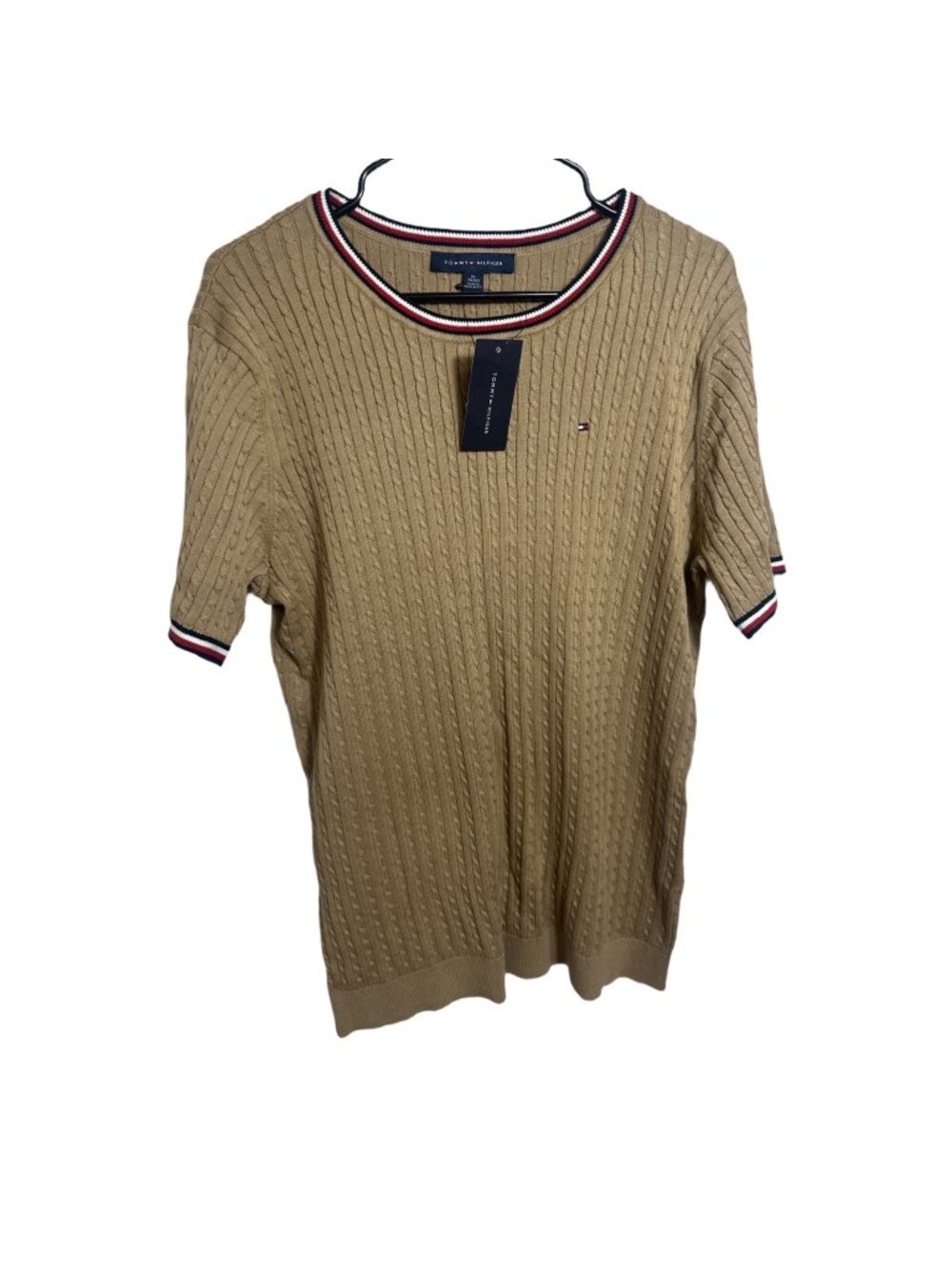 Tommy Hilfiger Sweater XL Cable Knit Beige Short Sleeve Striped Nautical Preppy